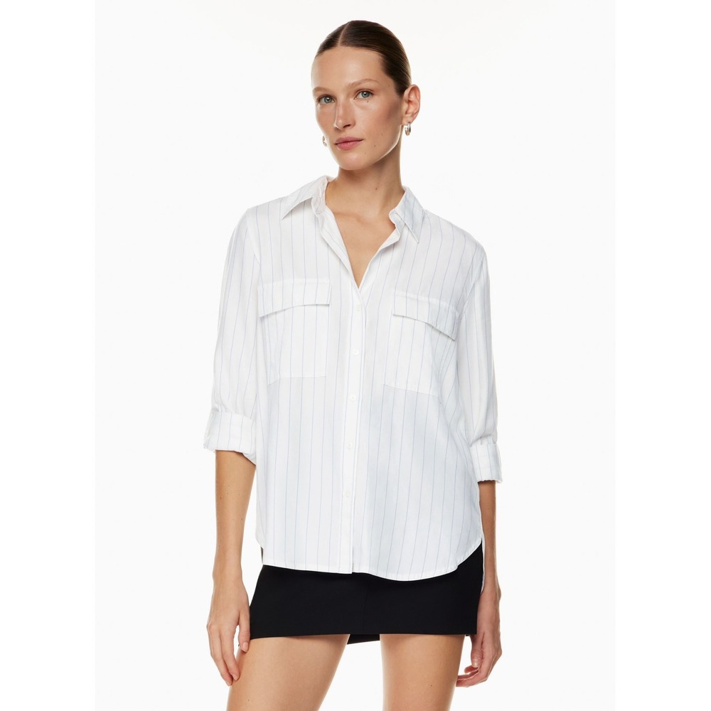 Babaton Aritzia White Blue Pinstripe Lyocell Utility Button Down Shirt XL 108164